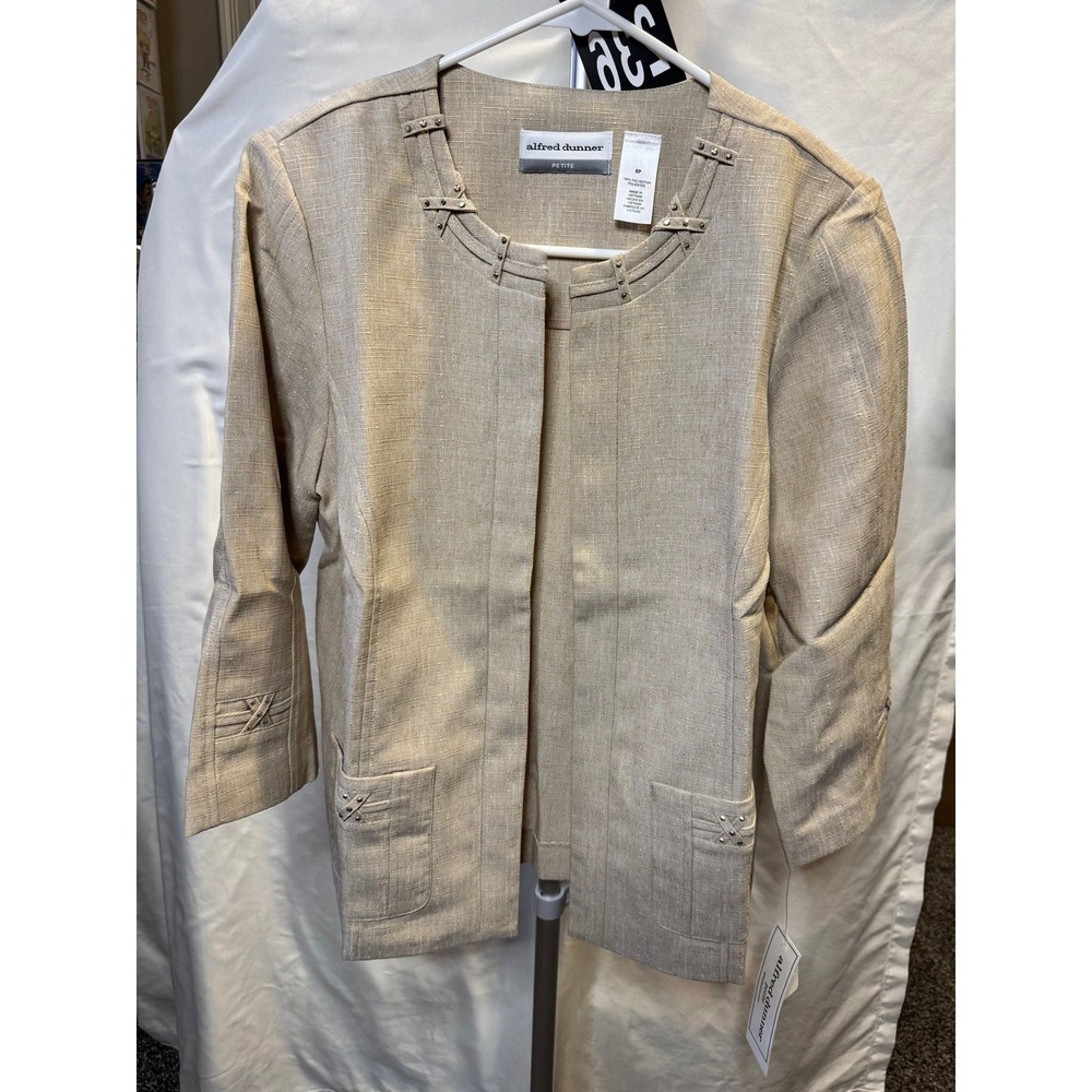 236 Alfred Dunner Petite 8P‎ Tan Open Front Blazer Studded Lattice Jacket NWT